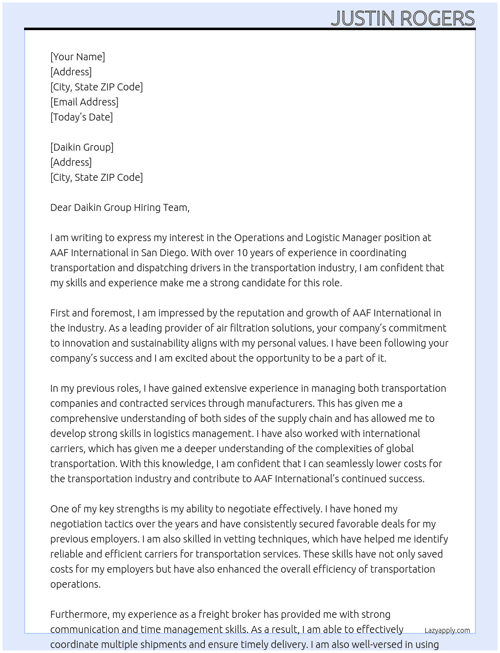 Operations and Logistic Manager - San Diego At AAF International  Cover Letter