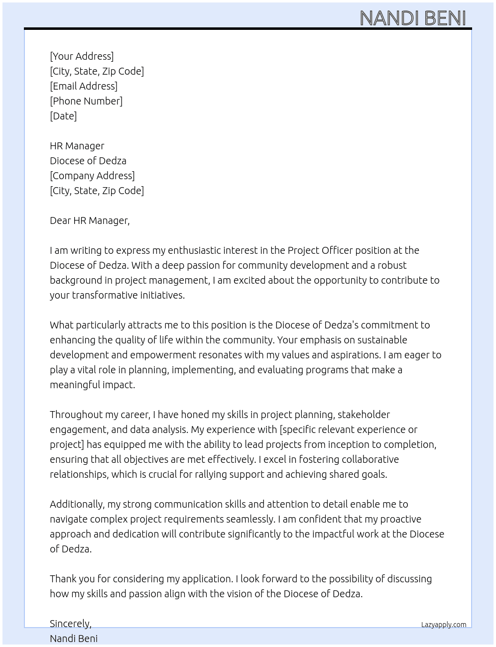 Project Officer At Diocese of Dedza Cover Letter
