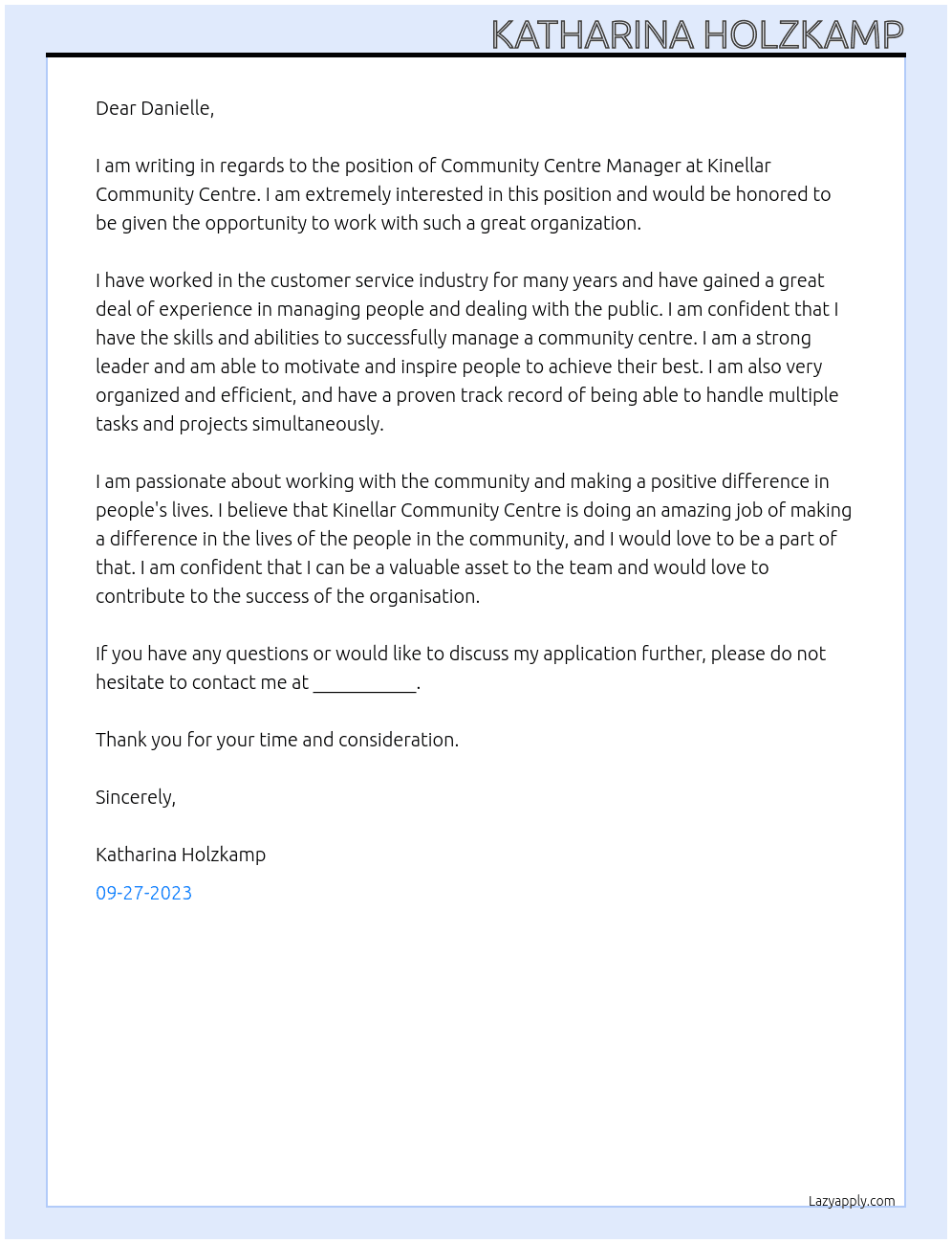 Community Centre Manager At Kinellar Community Centre Cover Letter