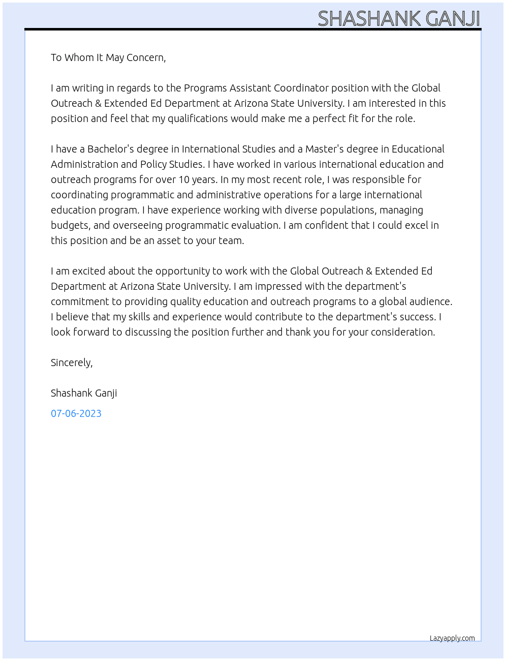 Programs Assistant Coordinator At Arizona State University Cover Letter