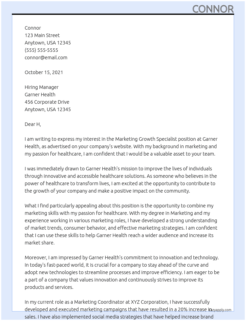 Marketing Growth Specialist At Garner Health Cover Letter