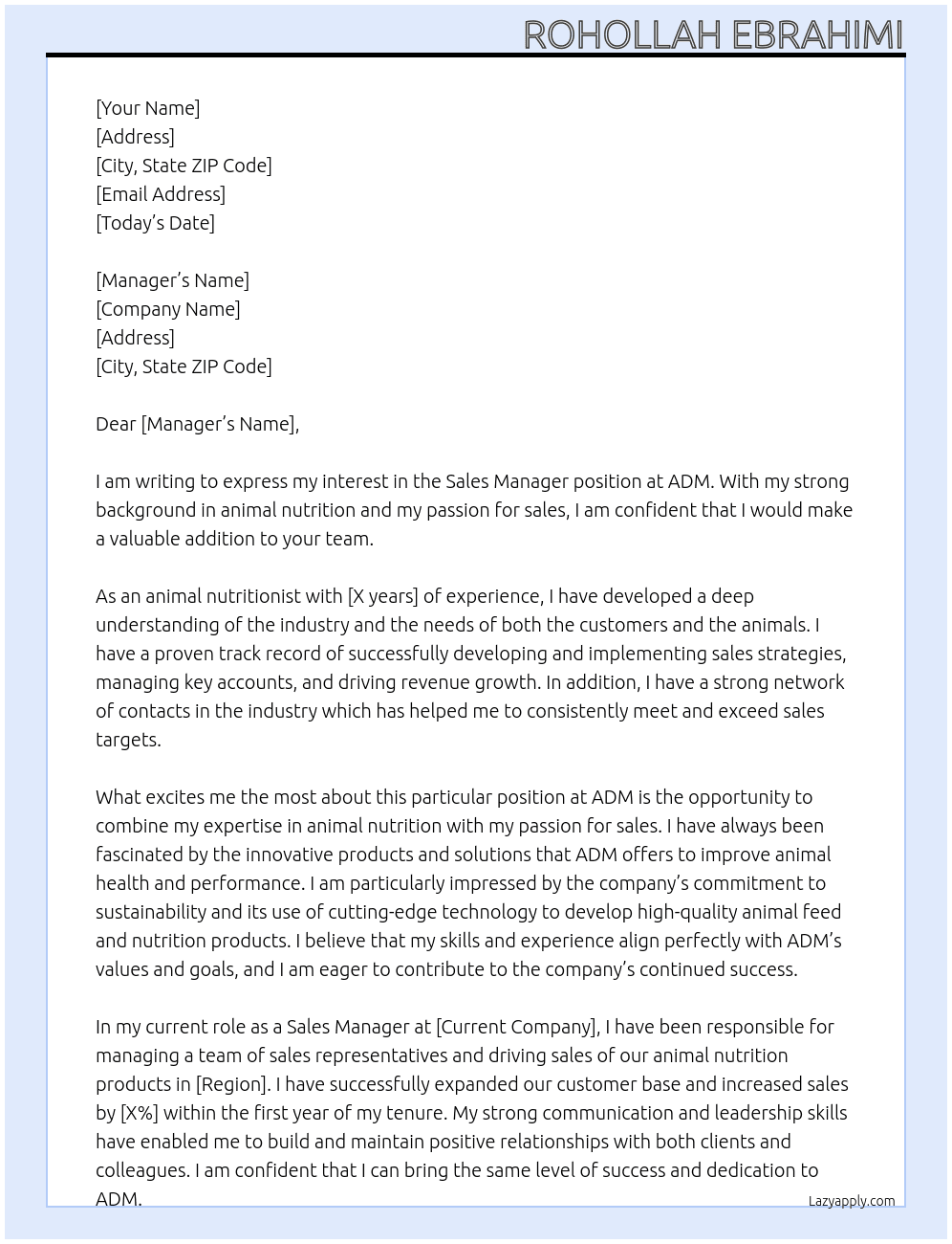 sale manager At ADM Cover Letter