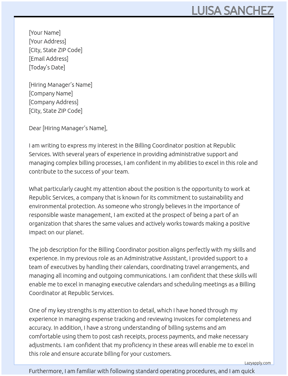 billing coordinator  At republic services Cover Letter