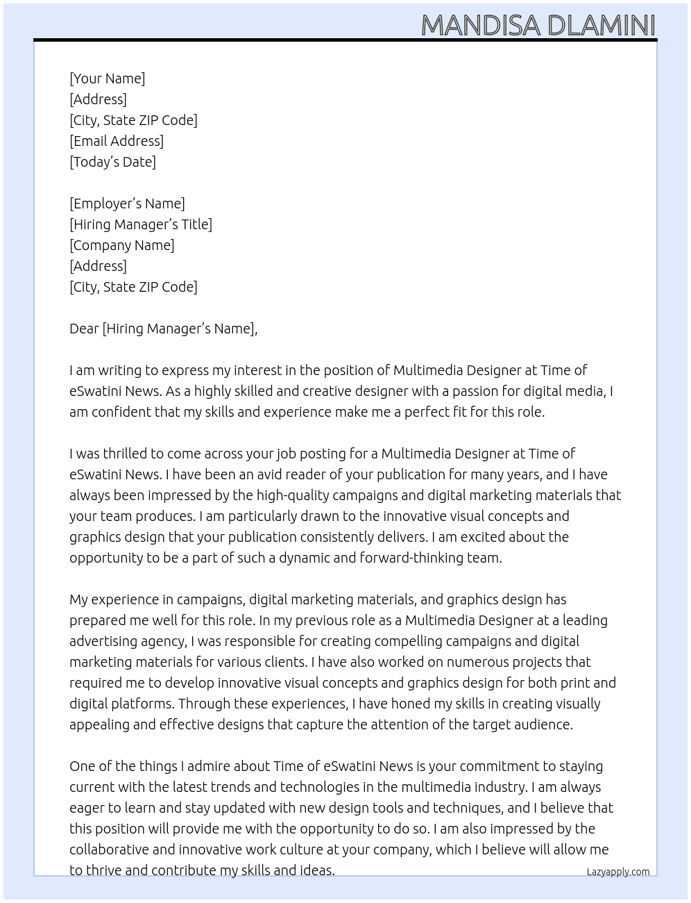 Multimedia designer  At Time of eSwatini news Cover Letter