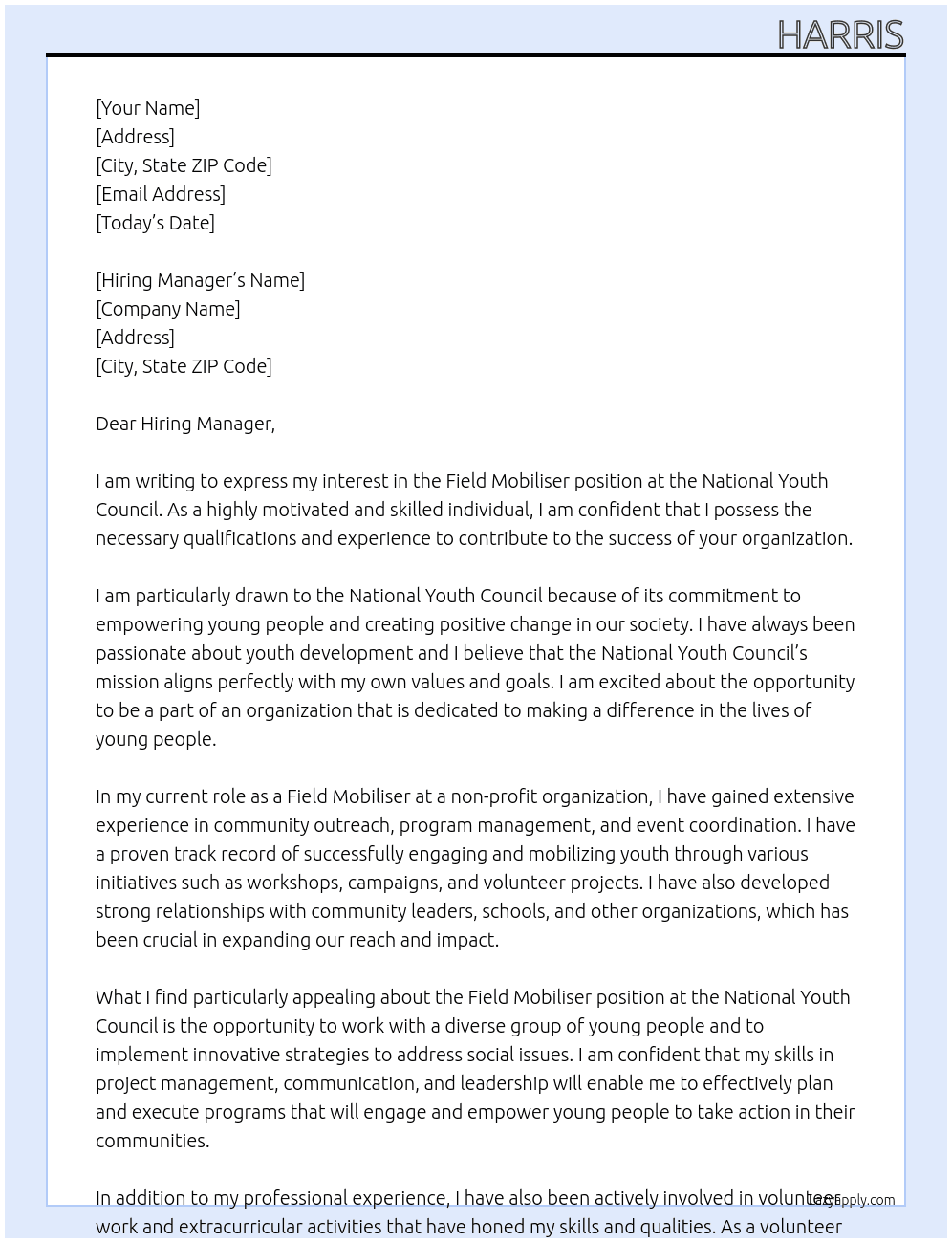 field mobiliser At National Youth Council  Cover Letter