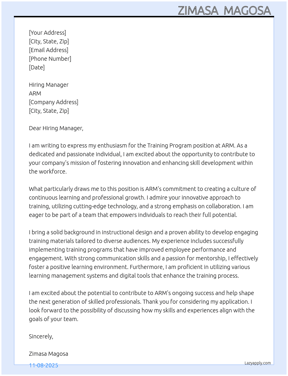 Training Program  At ARM Cover Letter