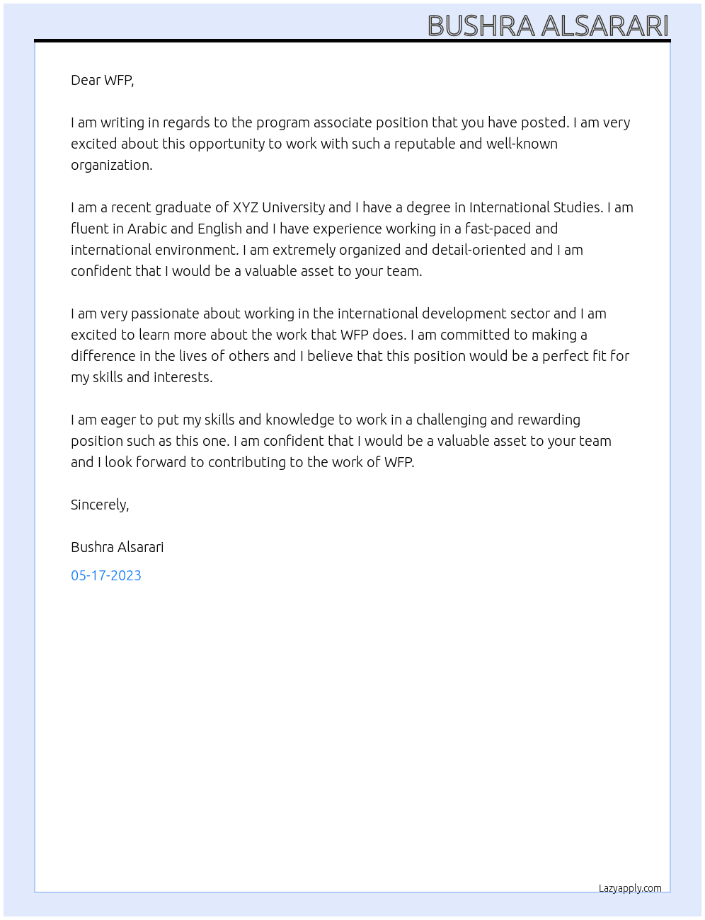 Program associate At WFP Cover Letter