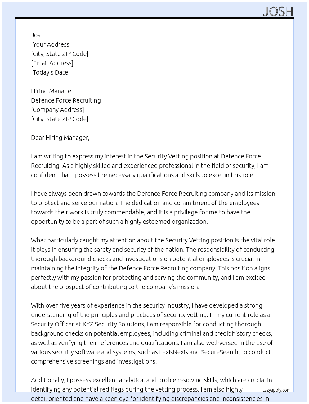 Security vetting At Defence Force Recruiting Cover Letter