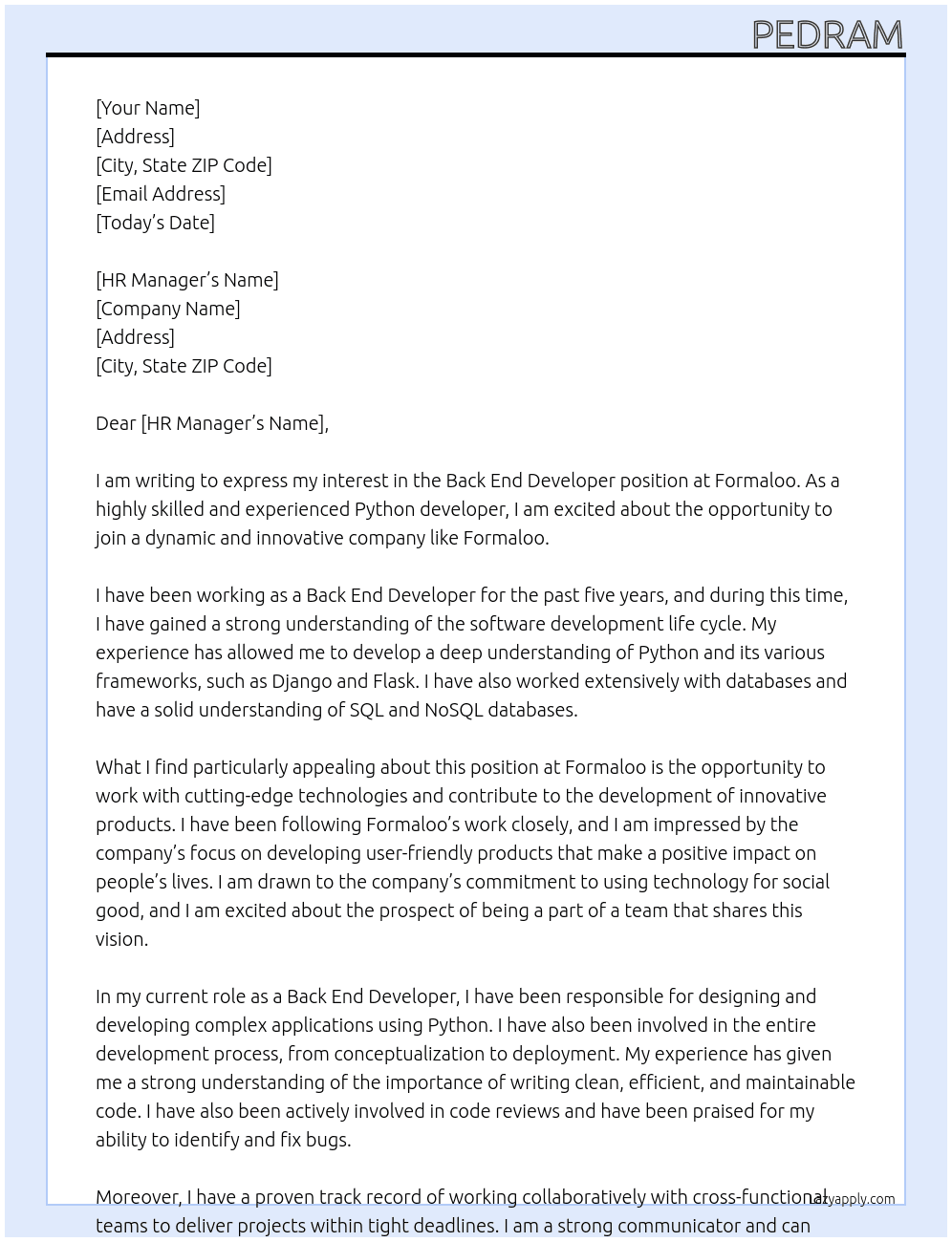 Back end developer At formaloo Cover Letter