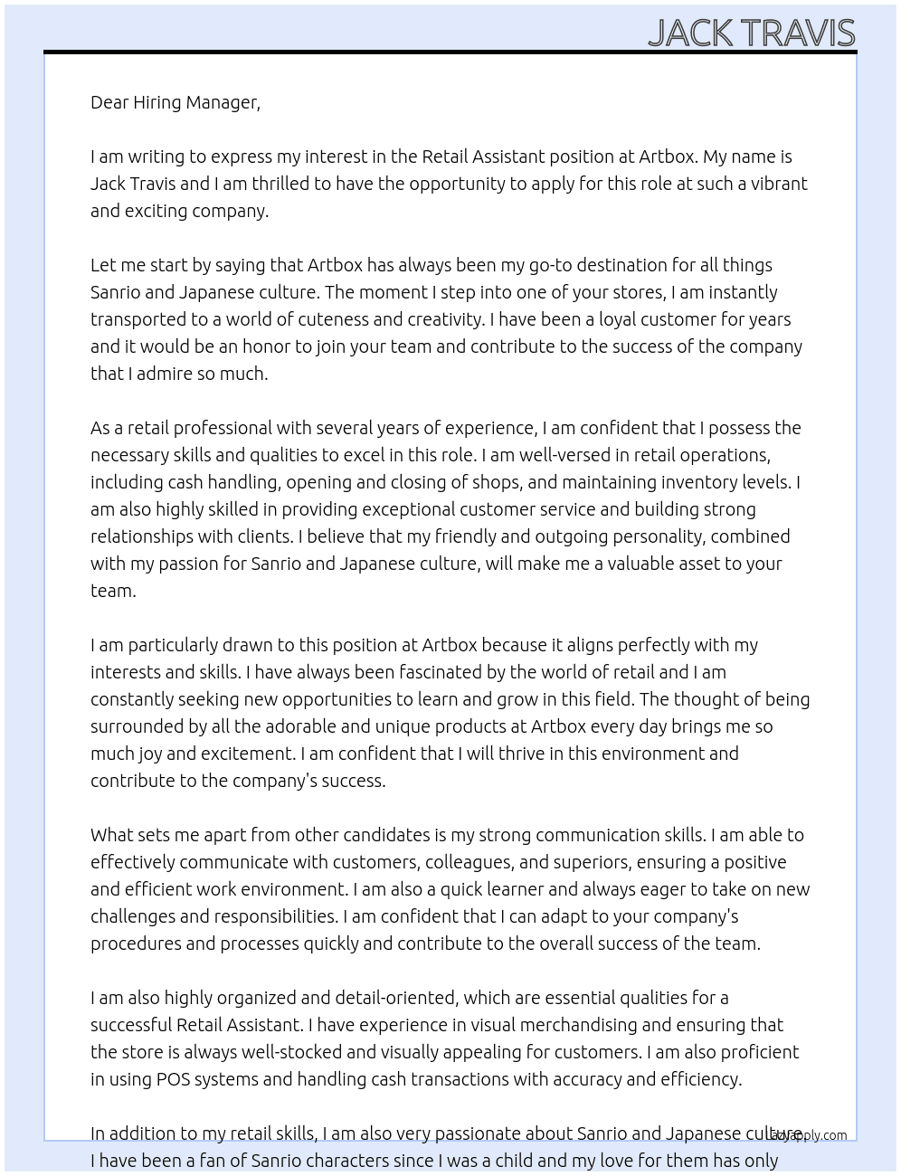 Retail assistant At Artbox Cover Letter
