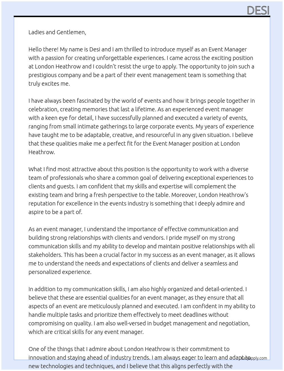 Event Manager At London Heathrow Cover Letter