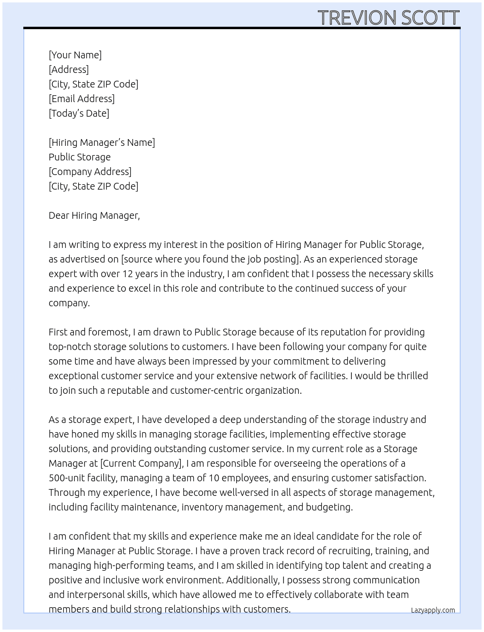 Hiring Managers for Public Storage  At Public Storage  Cover Letter