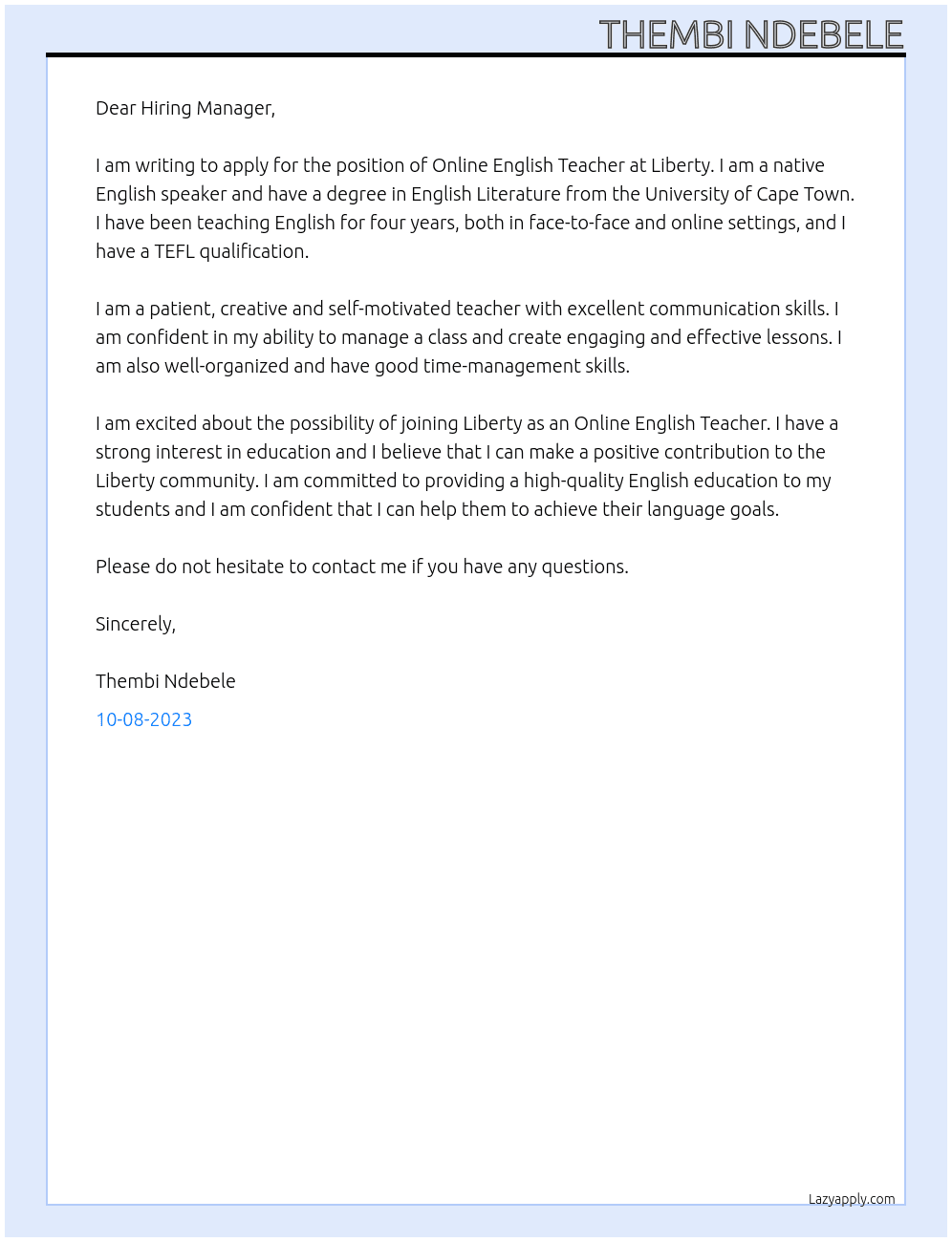 Onlime English Teacher At Liberty Cover Letter