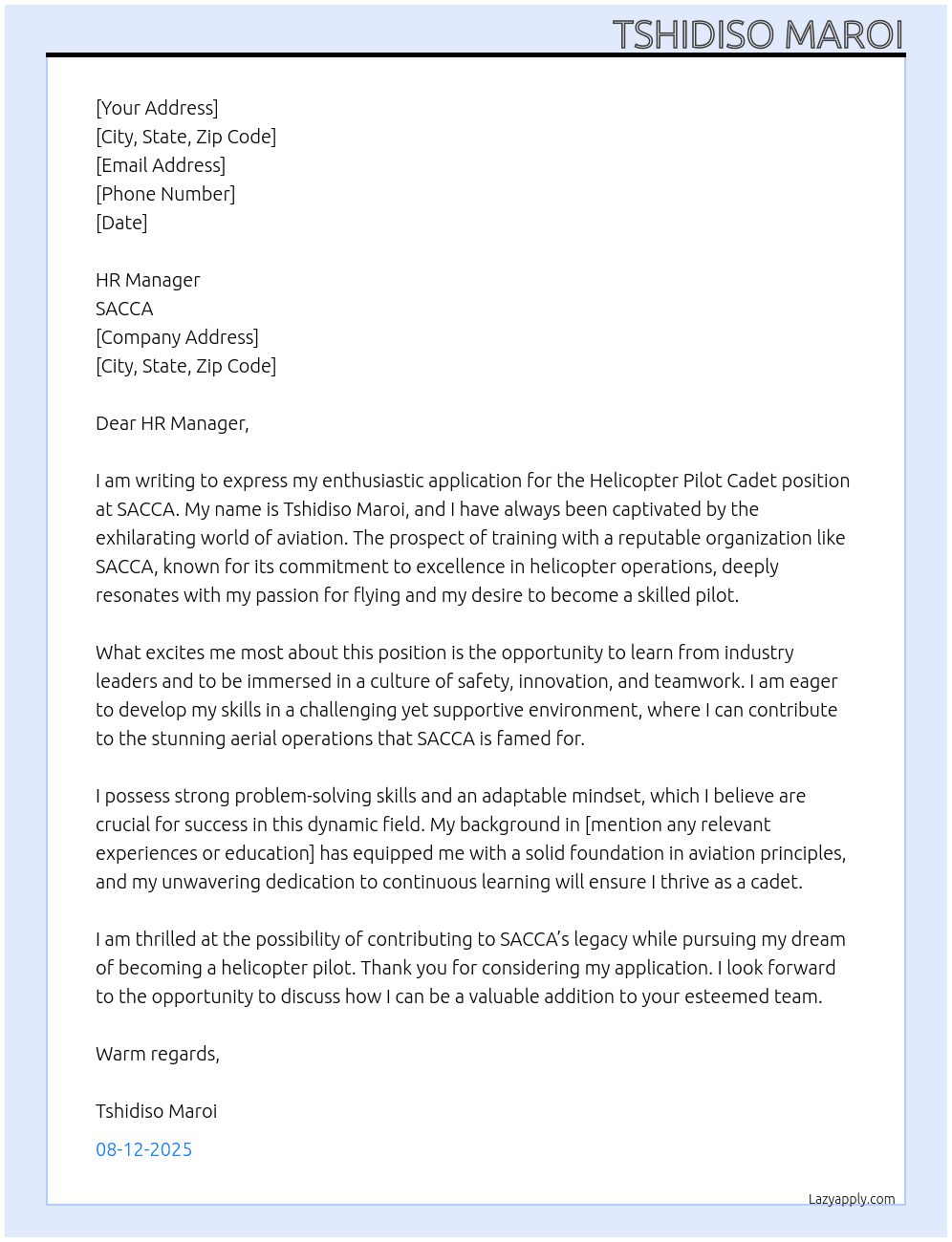 HELICOPTOR  PILOT CADET At SACCA Cover Letter