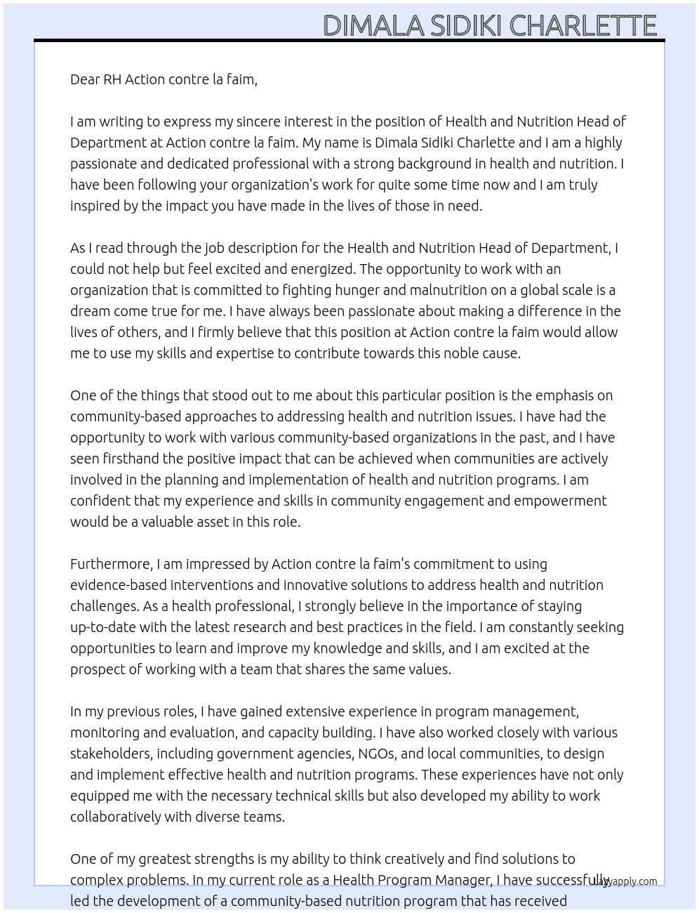 Health and nutrition head of department  At Action contre la faim  Cover Letter