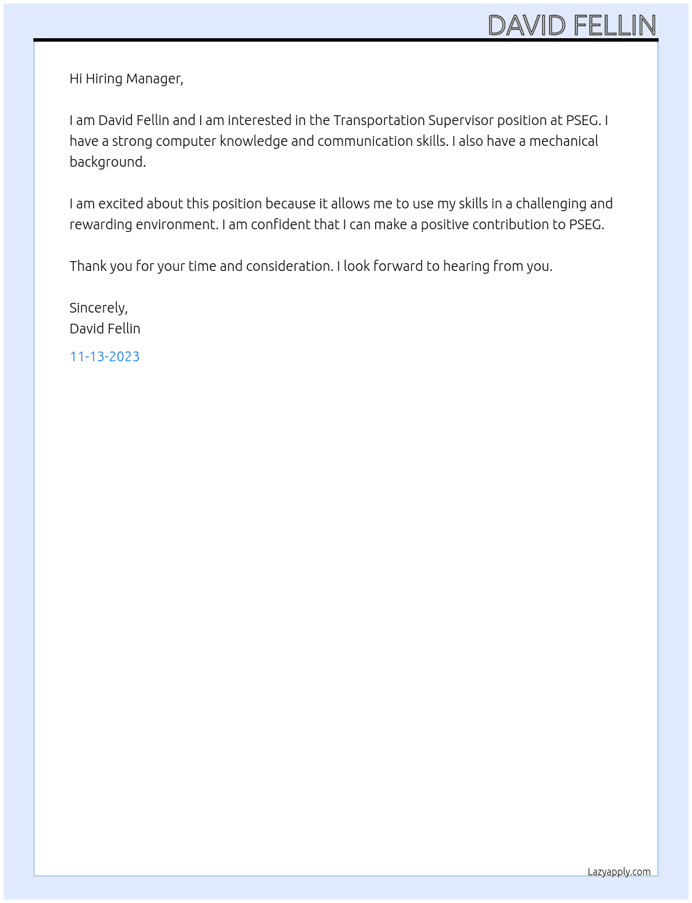 Transportation Supervisor At PSEG Cover Letter