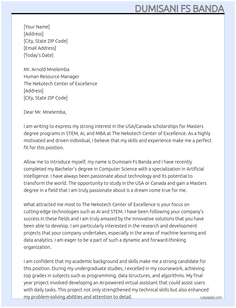 USA/CANADA SCHOLARSHIPS FOR MASTERS DEGREE PROGRAMS IN STEM, AI AND MBA At The Nekotech Center of Excellence  Cover Letter