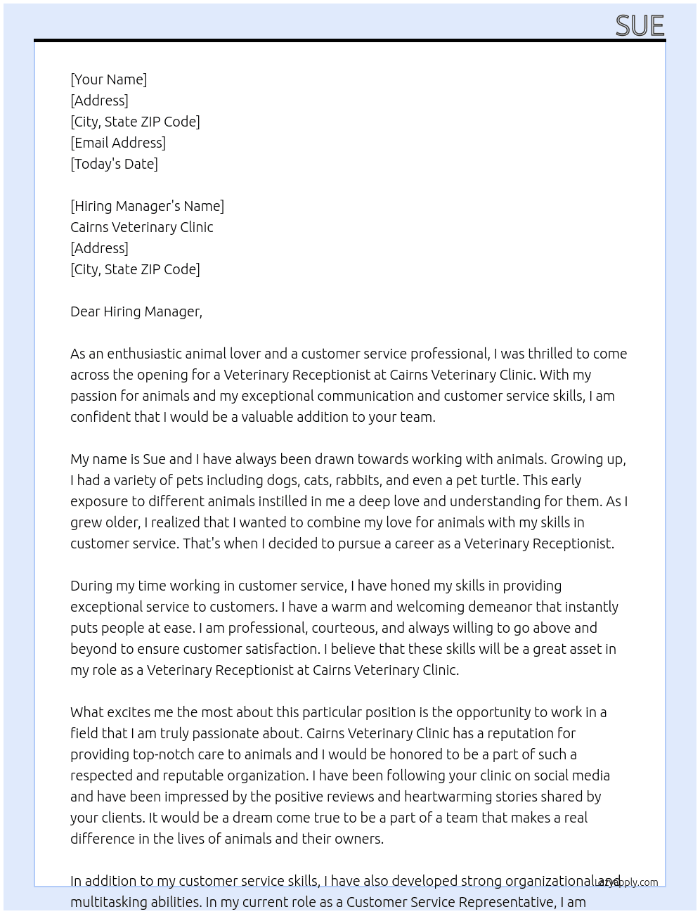 Veterinary Receptionist At Cairns Veterinary Clinic  Cover Letter