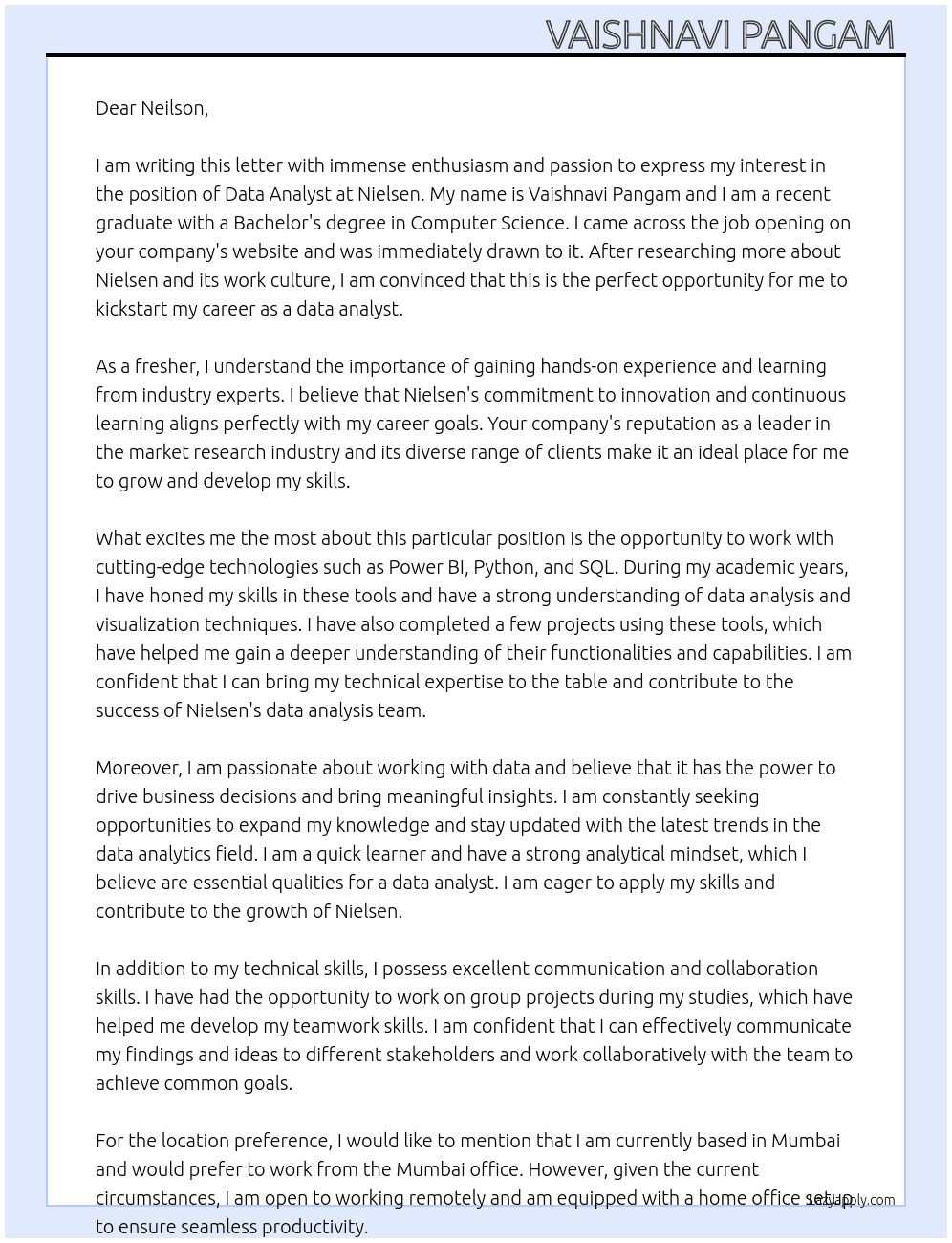 Data analyst fresher At Nielsen  Cover Letter