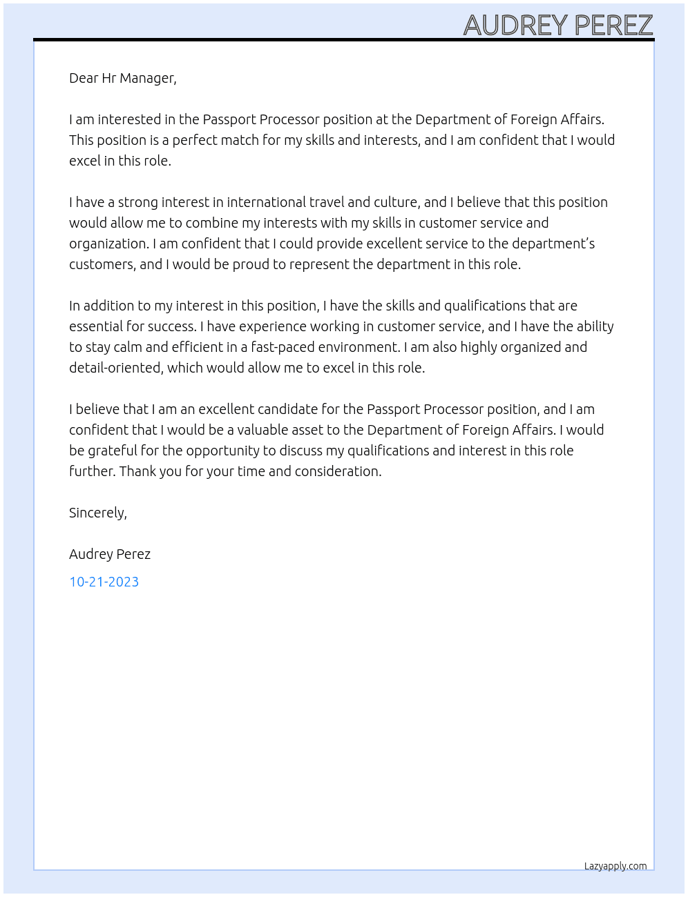 Passport Processor At Department of Foreign Affairs Cover Letter