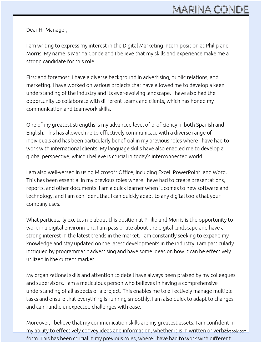 digital marketing intern At Philip and Morris Cover Letter