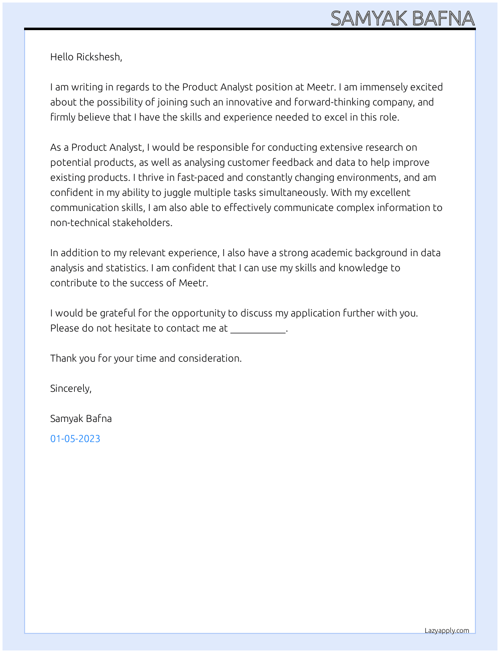 Product Analyst At Meetr Cover Letter
