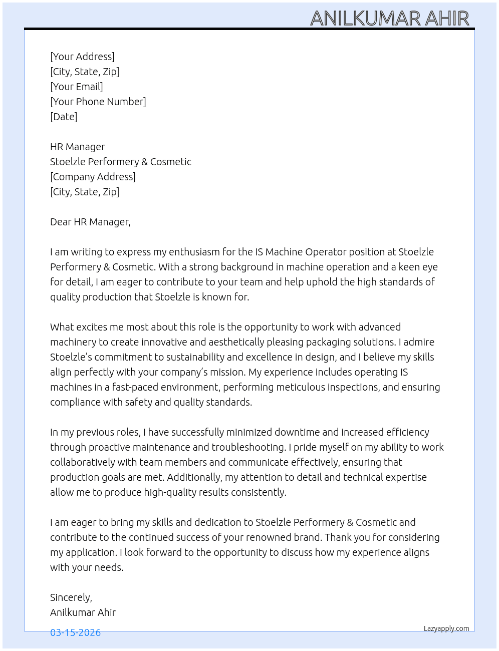 Cover letter for is machine operator - LazyApply