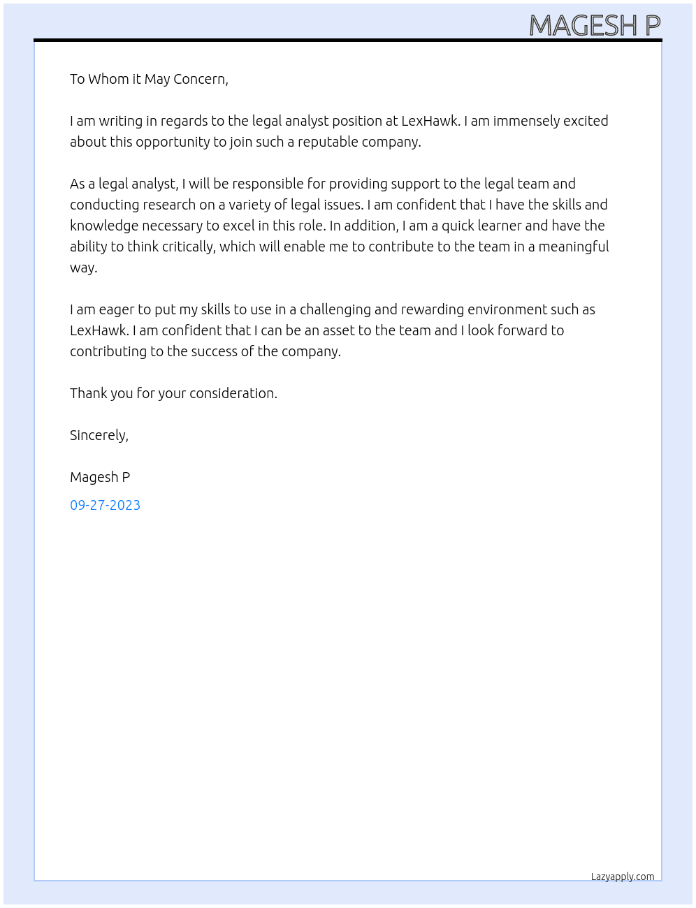 legal analyst At lexhawk Cover Letter