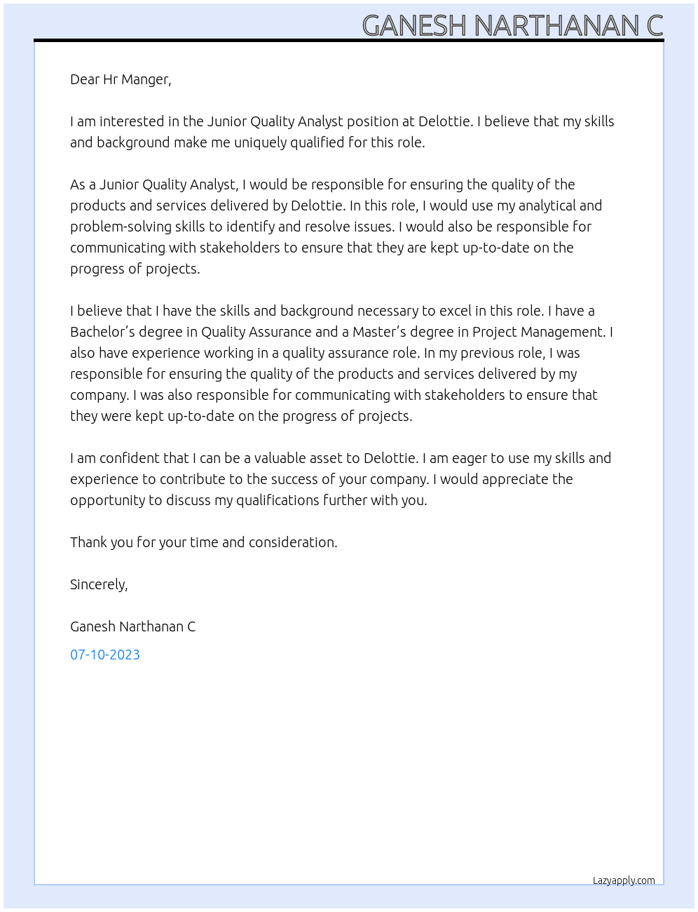 Junior Quality Analyst At Delottie Cover Letter