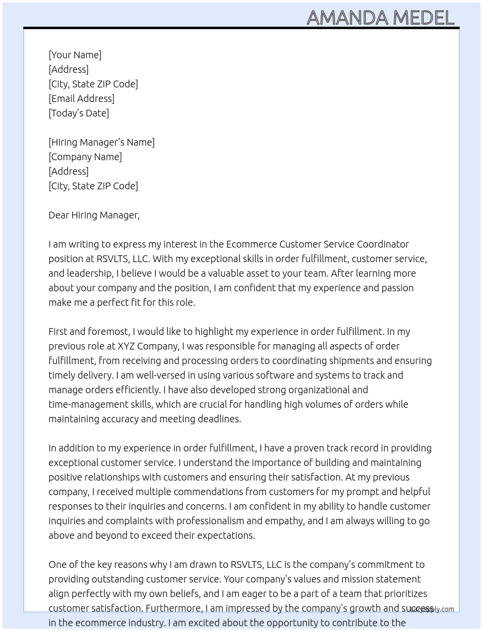 Ecommerce Customer Service Coordinator At RSVLTS, LLC Cover Letter