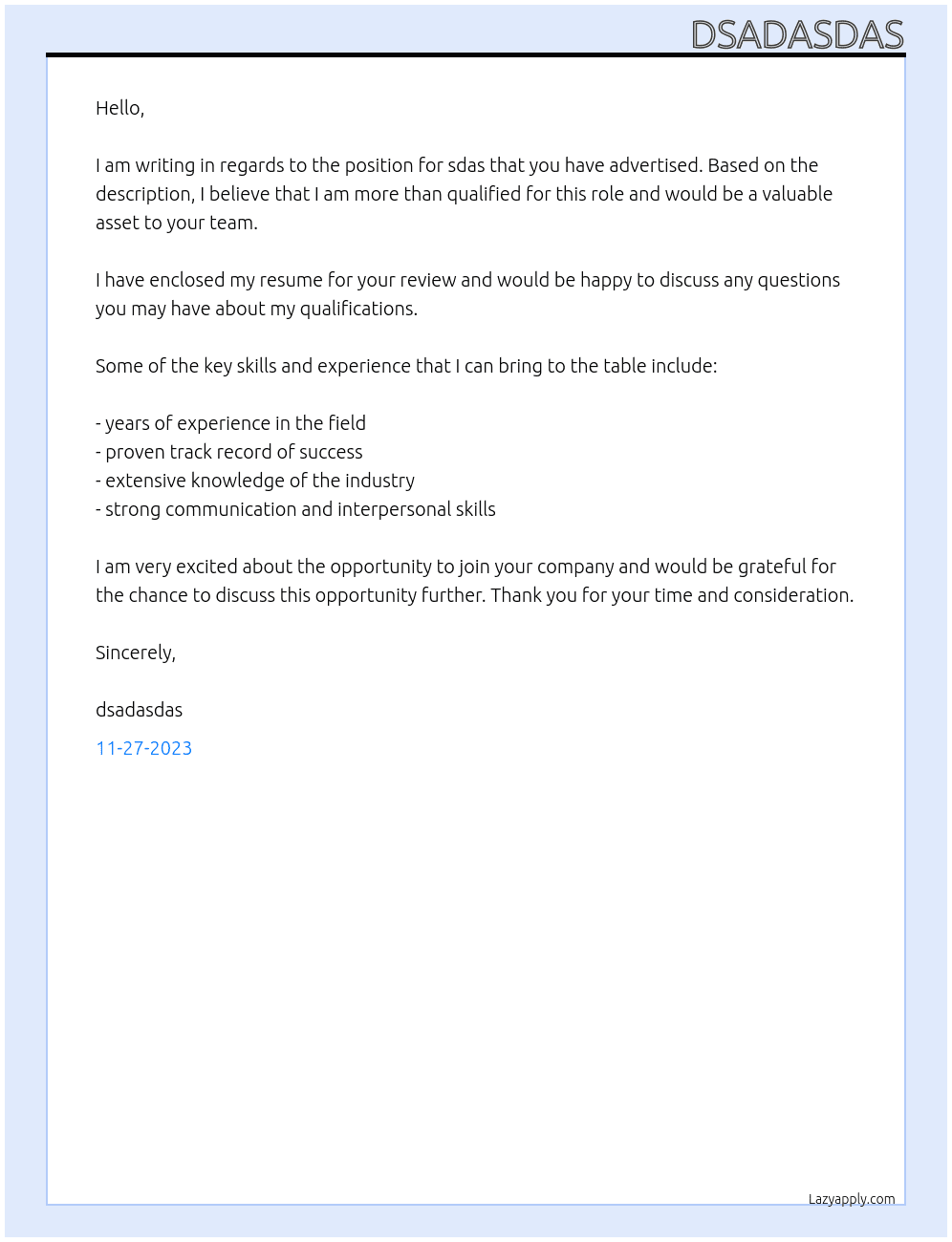 sdas At dadsadsa Cover Letter