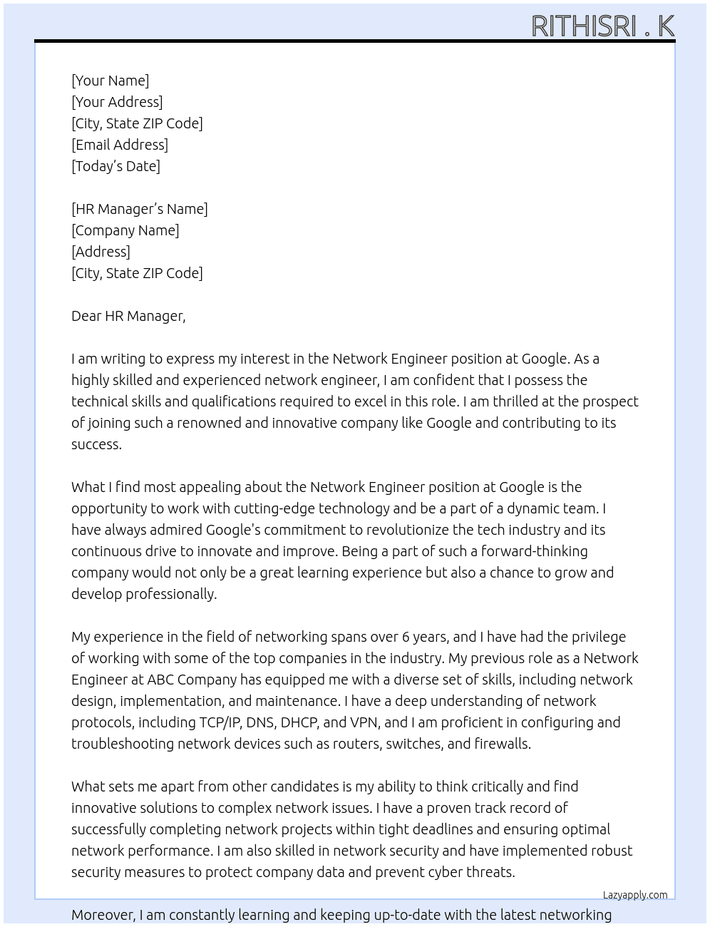 Network engineer At Google Cover Letter