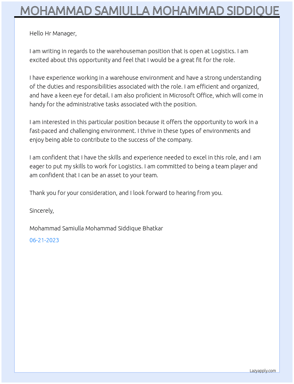 Cover letter for warehouseman - LazyApply