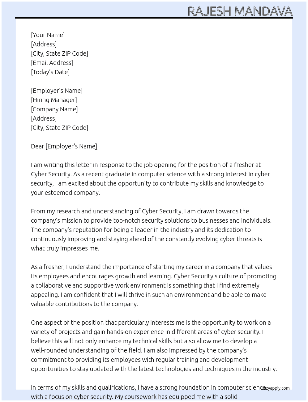 Fresher At Cyber security Cover Letter