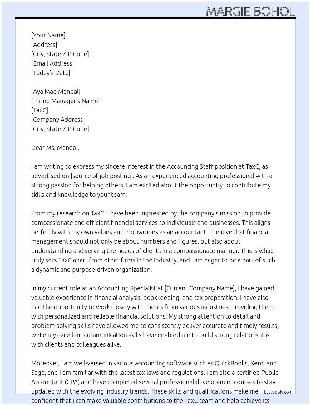Accounting Staff At TaxC Cover Letter