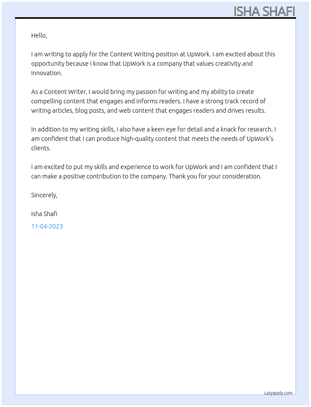 CONTENT WRITING At UpWork Cover Letter