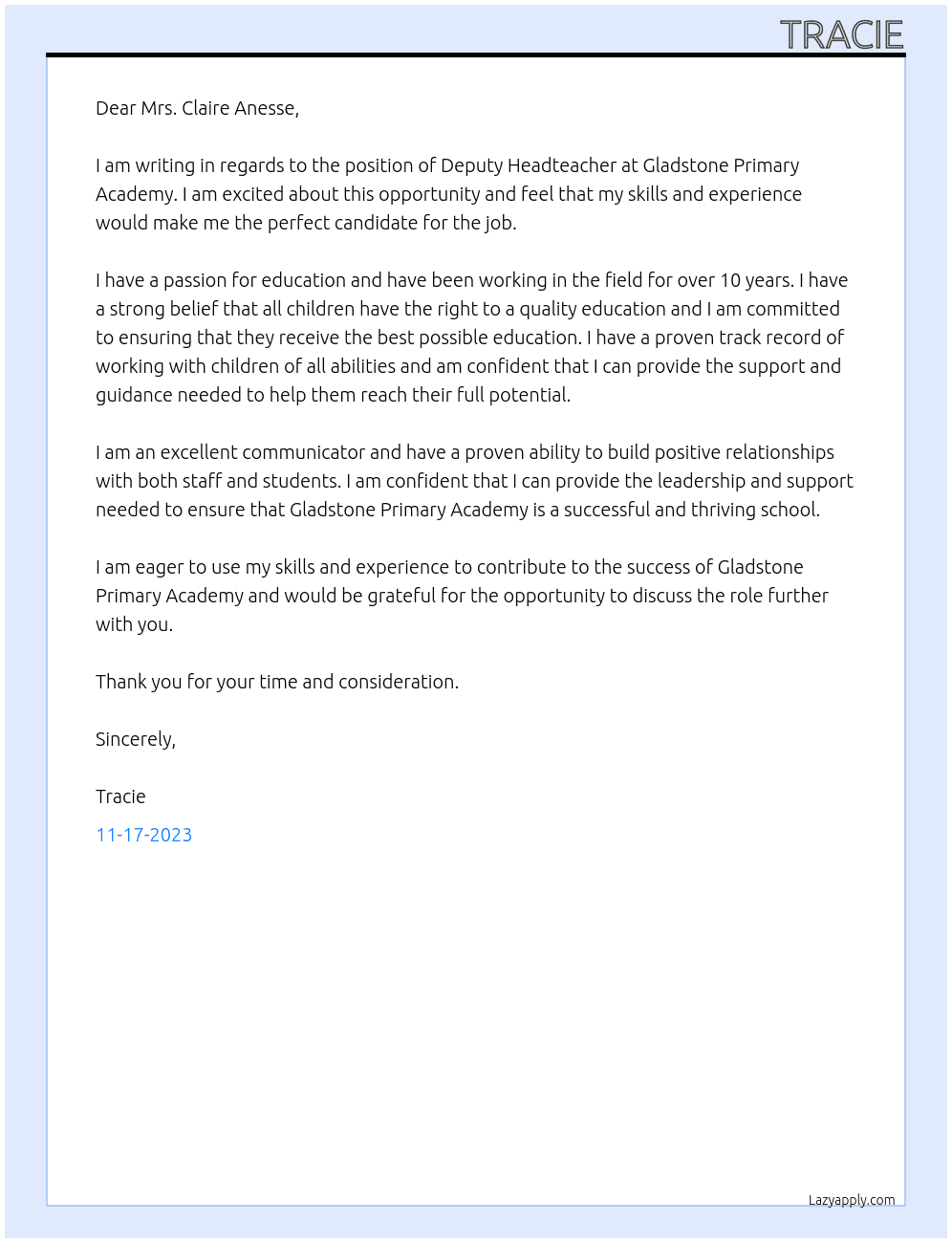 Deputy Headteacher At Gladstone Primary Academy Cover Letter
