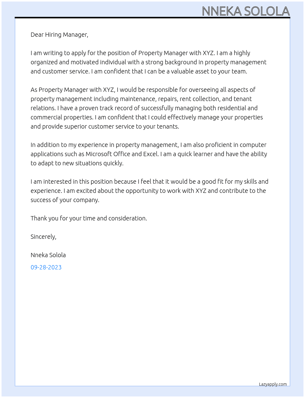 property manager At xyz Cover Letter