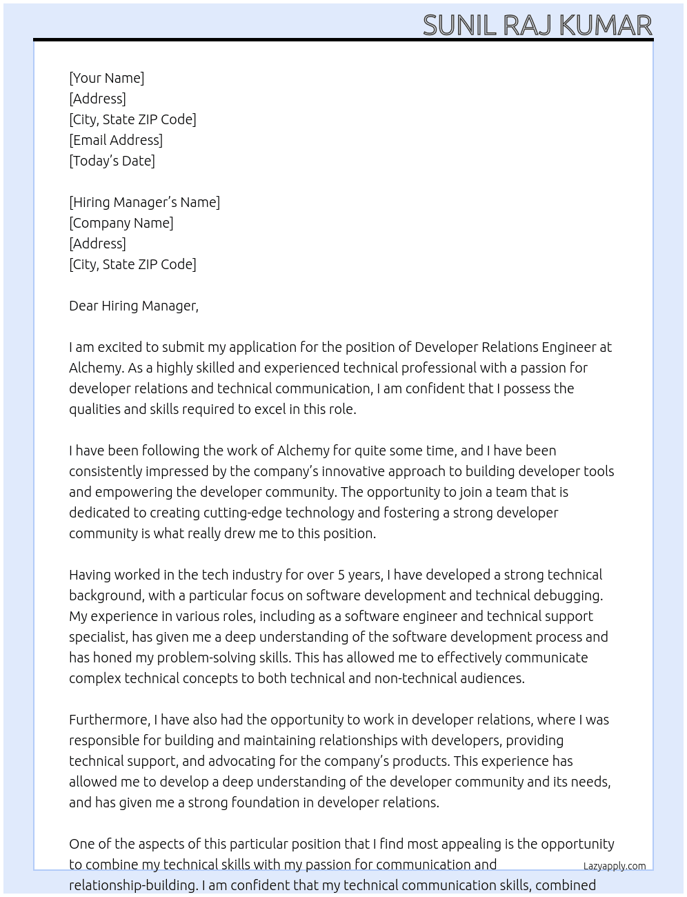 Developer Relations Engineer At Alchemy Cover Letter