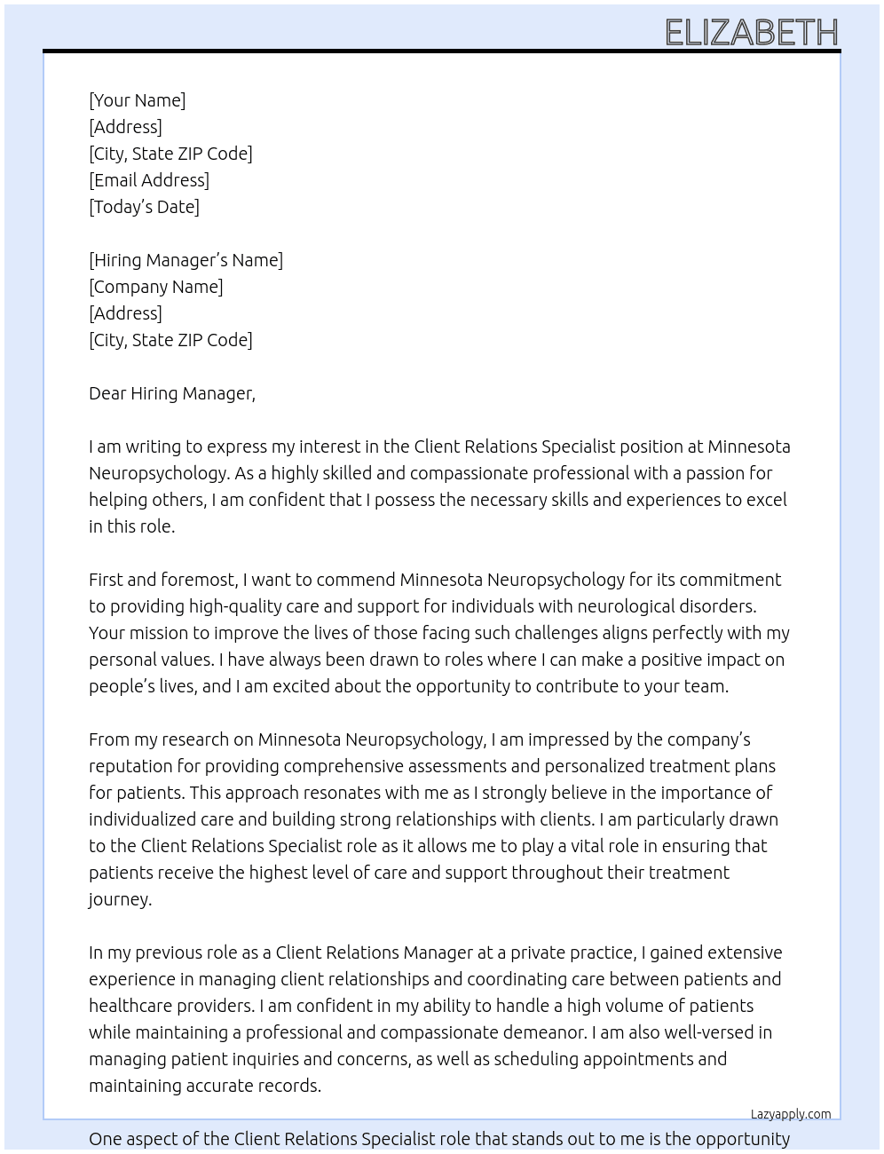 Client Relations Specialist At Minnesota Neuropsychology Cover Letter