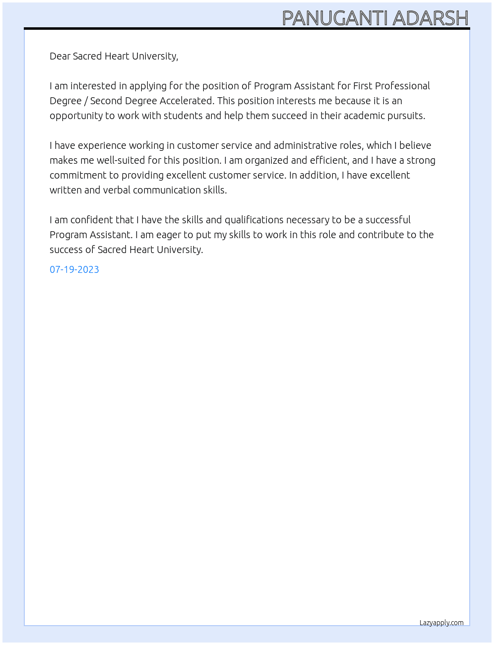 Program Assistant, First Professional Degree / Second Degree Accelerated At Sacred Heart University Cover Letter