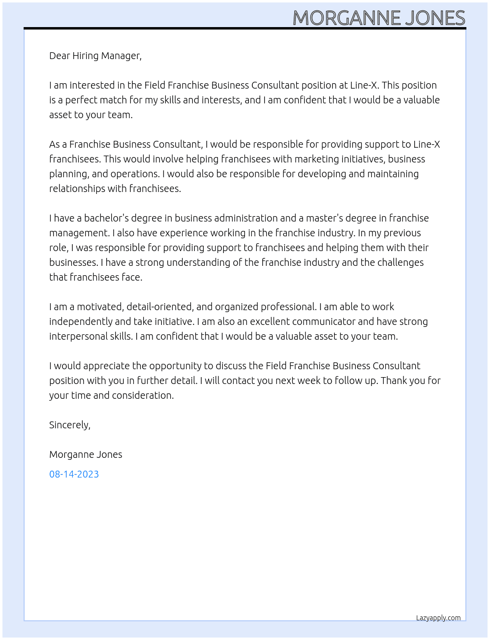 FIELD FRANCHISE BUSINESS CONSULTANT At Line-X Cover Letter