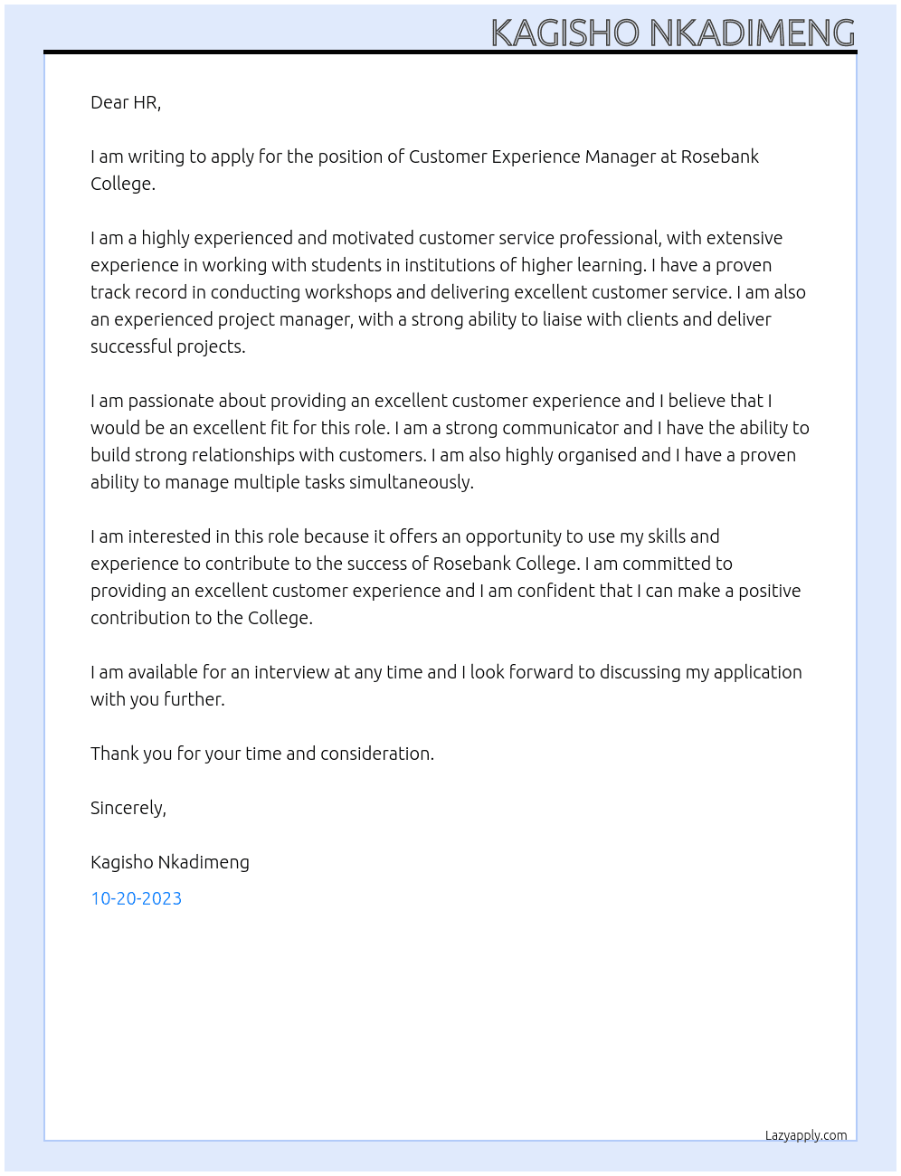 Customer Experience Manager At rosebank college Cover Letter