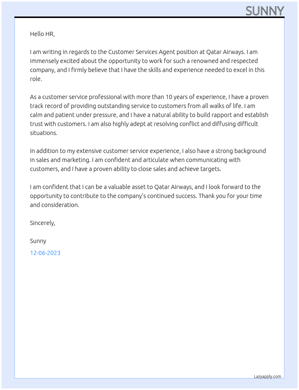 Customer Services Agent At QATAR AIRWAYS Cover Letter