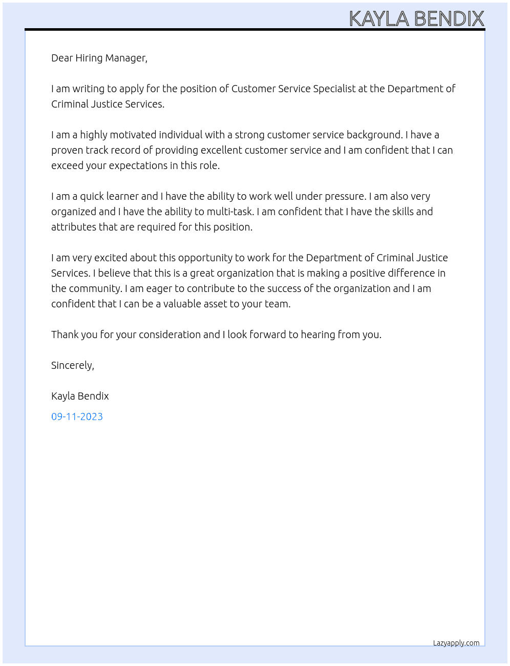 Customer Service Specialist At Department of Criminal Justice Services Cover Letter