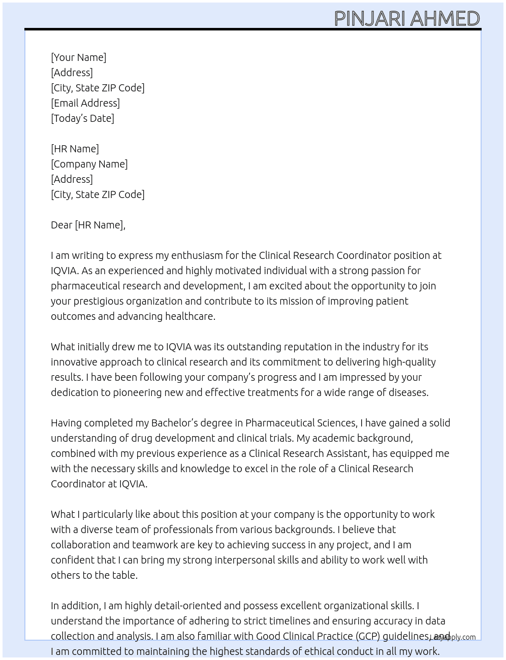 Clinical Research Coordinator At IQVIA Cover Letter