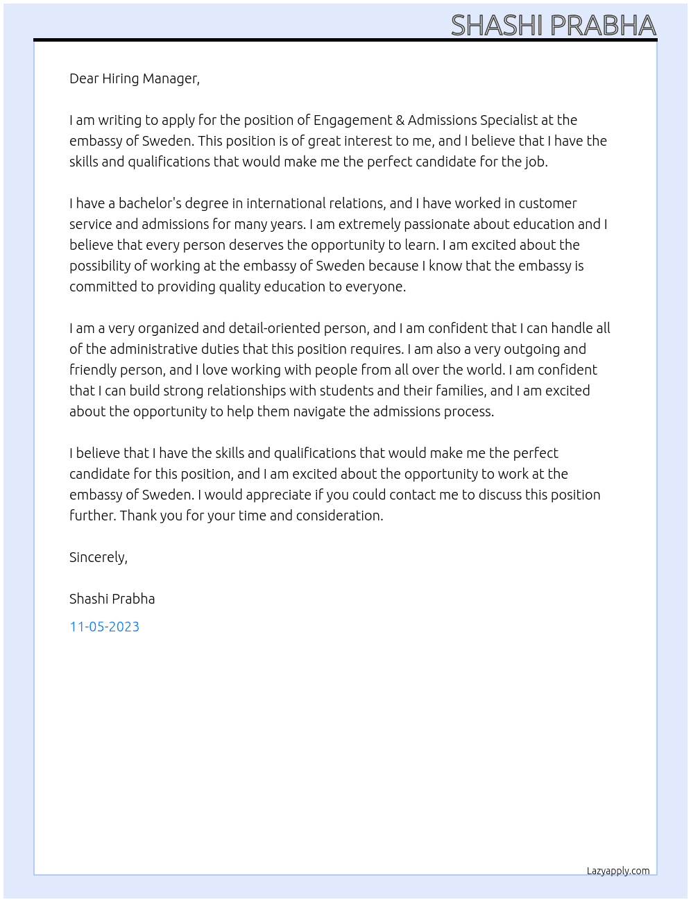 Engagement & Admissions Specialist At embassy of sweden Cover Letter