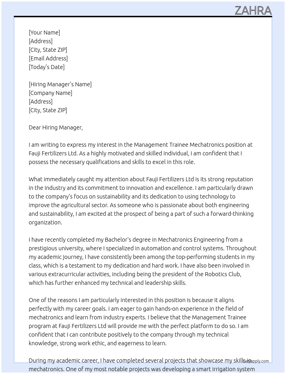 Management Trainee Mechatronics  At Fauji Fertilizers Ltd Cover Letter