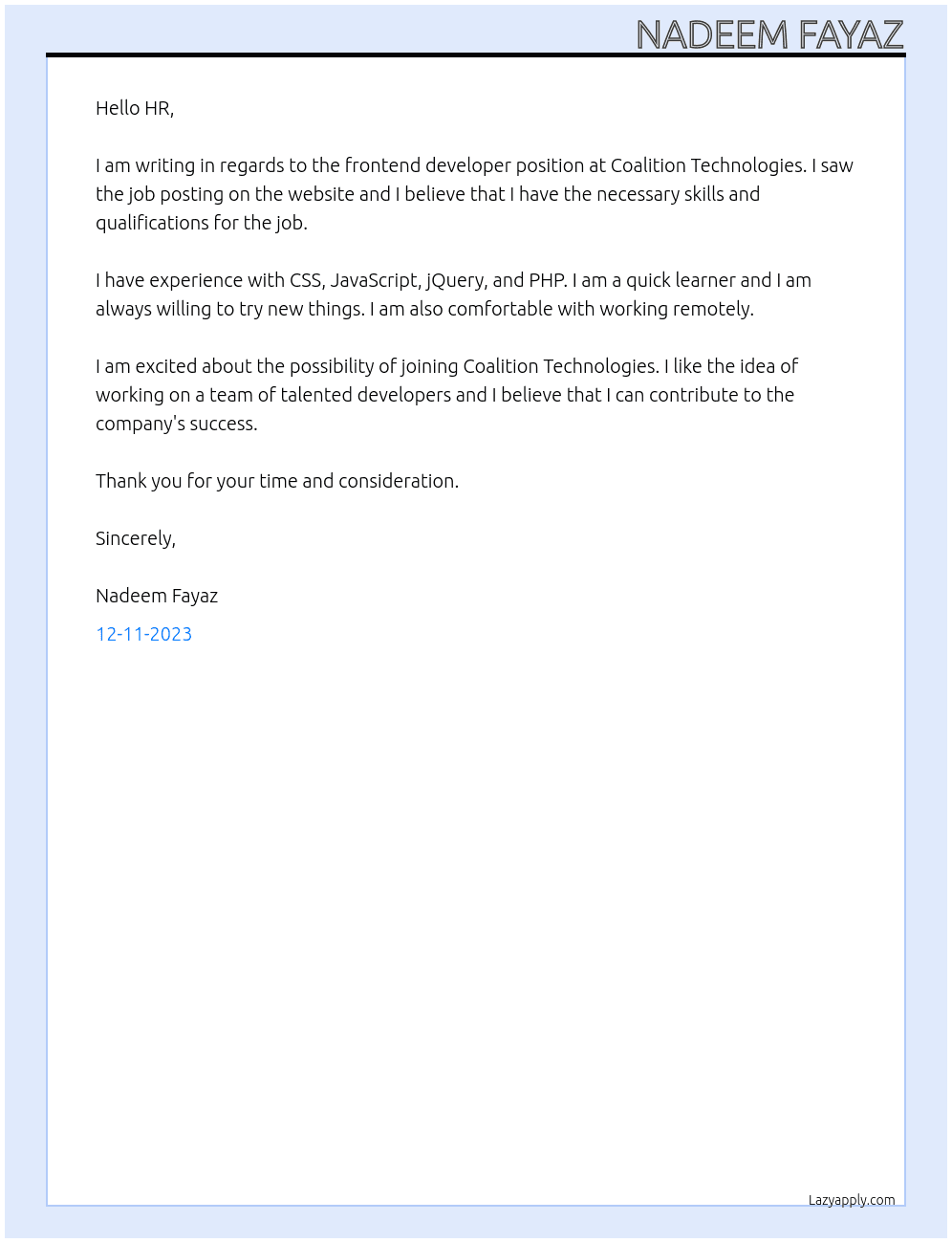 frontend developer At Coalition Technologies Cover Letter