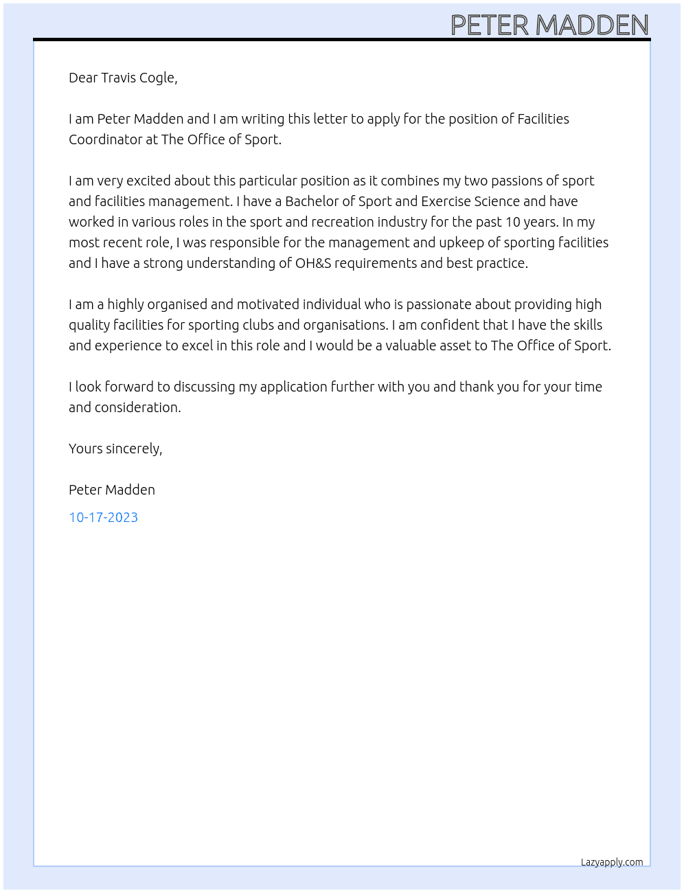 Facilities Coordinator At The Office of Sport Cover Letter